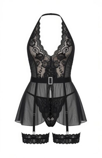 YesX YX741 Black Lace & Mesh Halterneck Babydoll with Suspender Straps